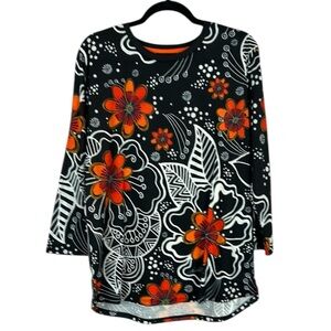 Laurel Burch Black and Orange Floral Long Sleeve Tee